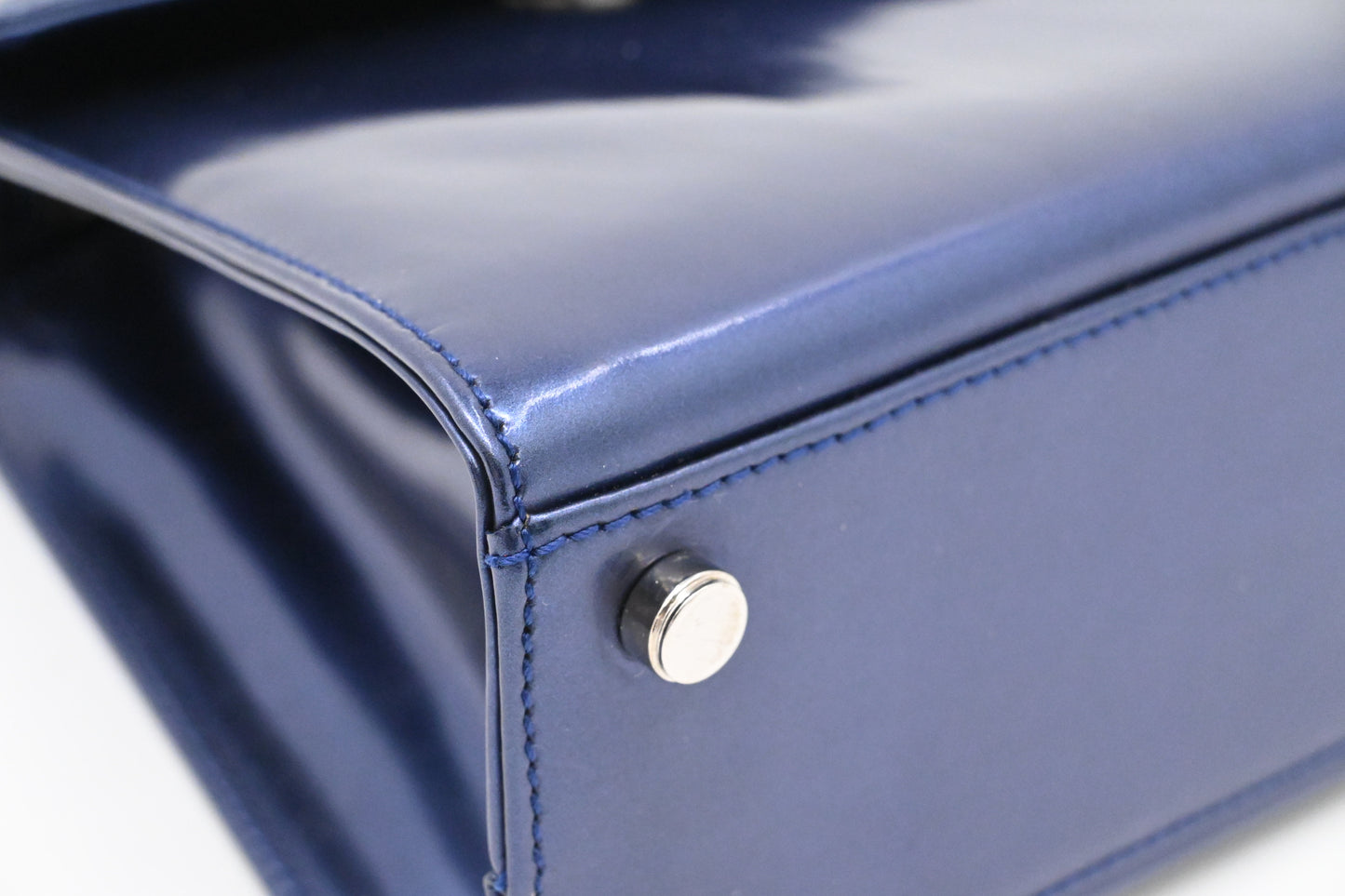 Ferragamo Top Handle Bag in Metallic Blue Patent Leather