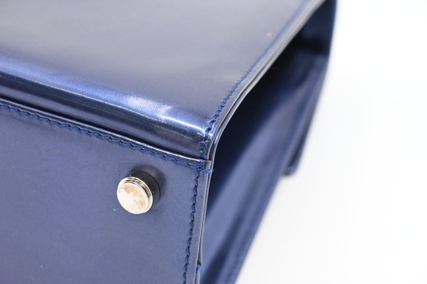 Ferragamo Top Handle Bag in Metallic Blue Patent Leather