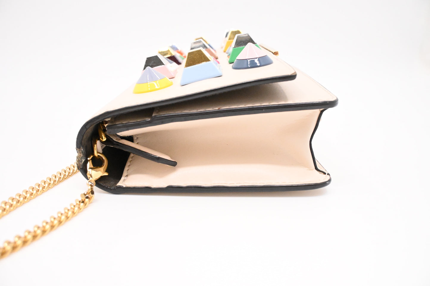 Fendi Studded Chain Wallet in Cream Leather