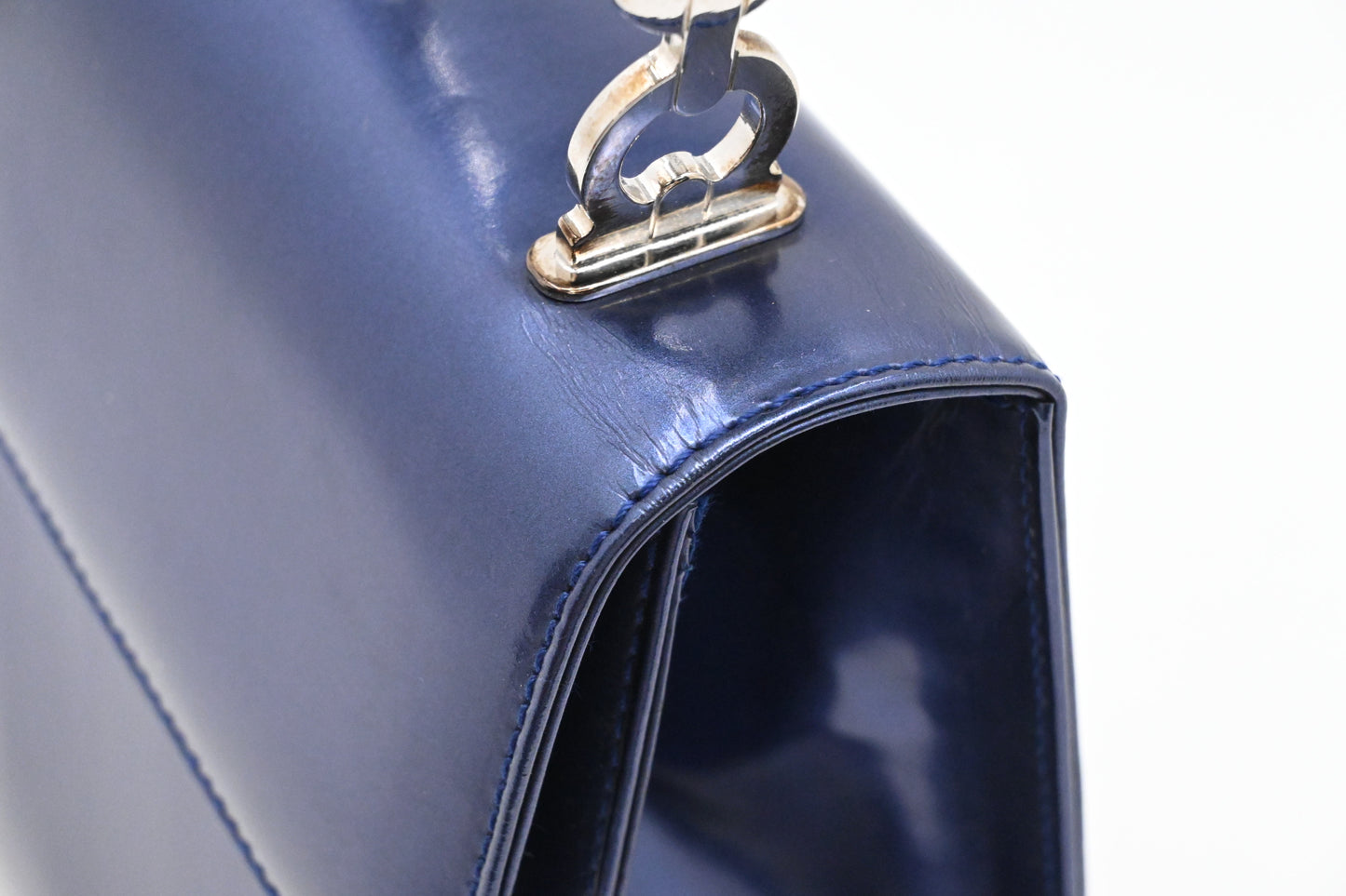Ferragamo Top Handle Bag in Metallic Blue Patent Leather