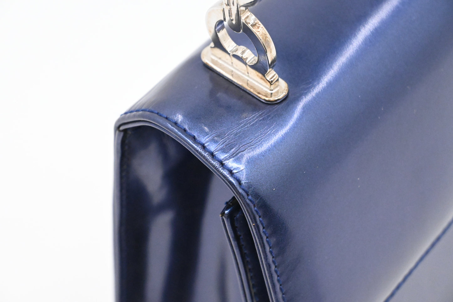 Ferragamo Top Handle Bag in Metallic Blue Patent Leather