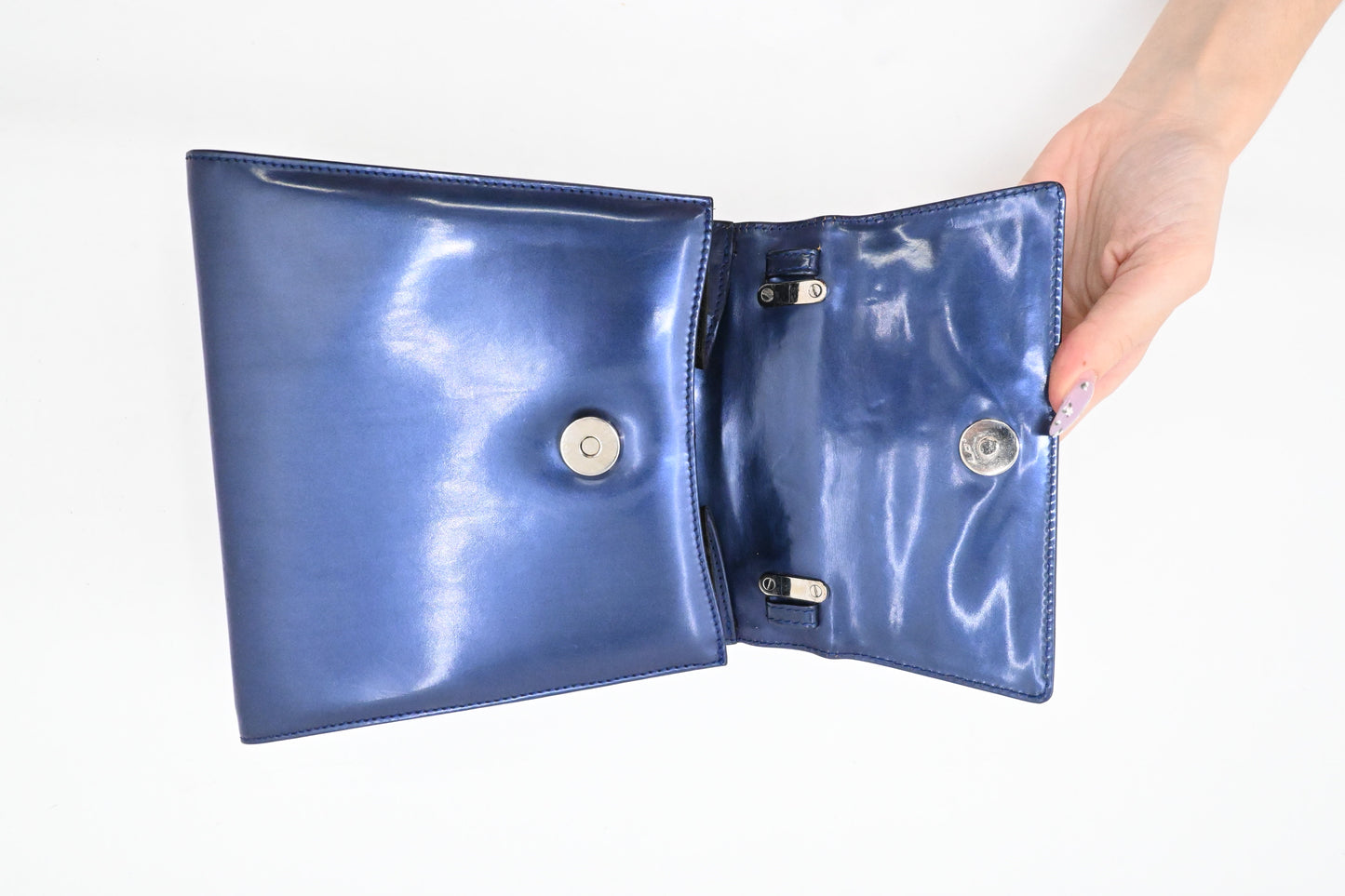 Ferragamo Top Handle Bag in Metallic Blue Patent Leather