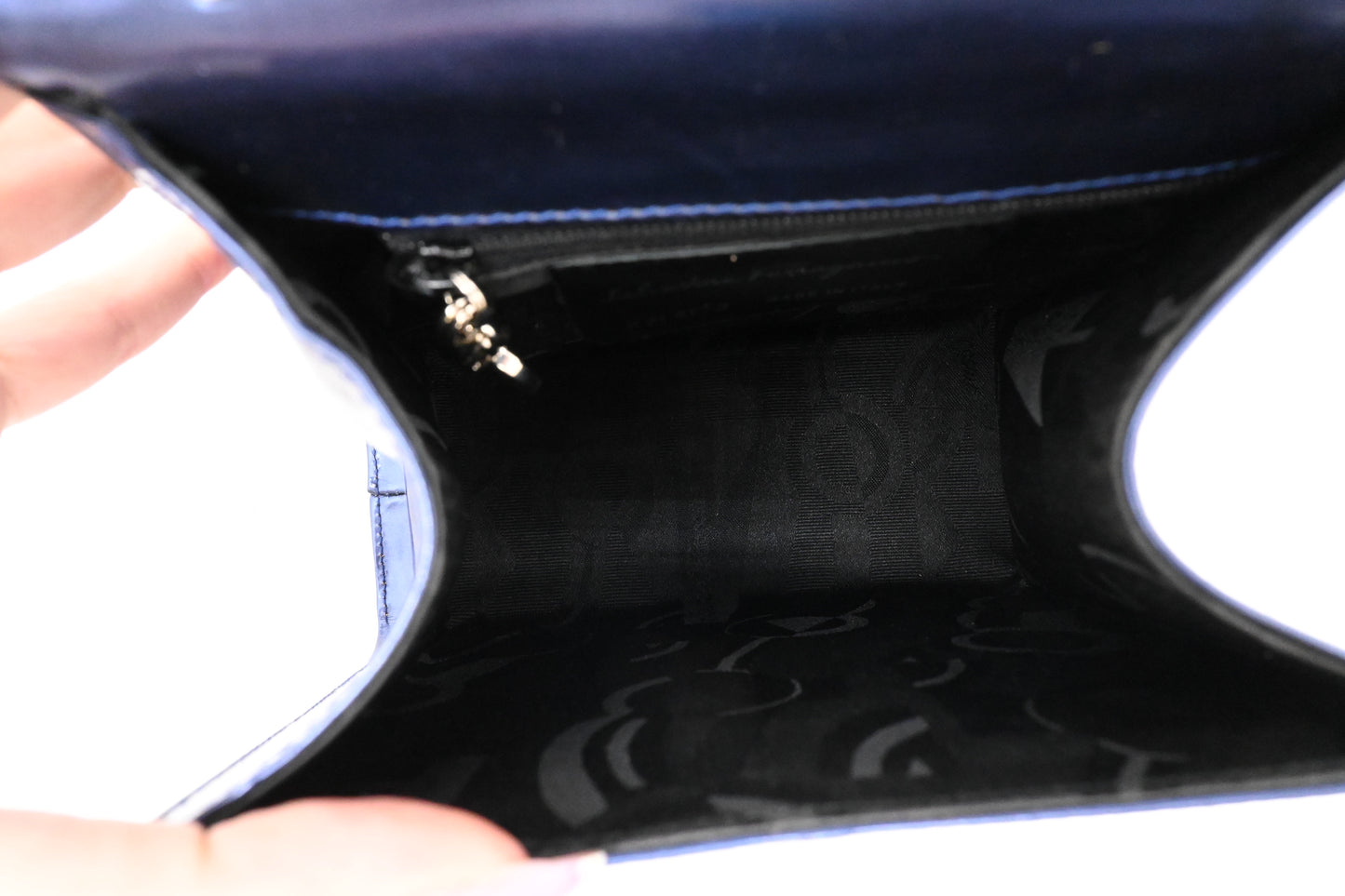 Ferragamo Top Handle Bag in Metallic Blue Patent Leather