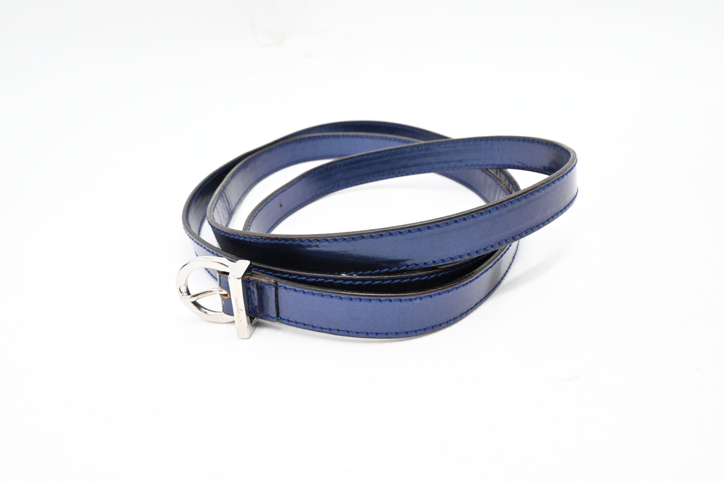 Ferragamo Top Handle Bag in Metallic Blue Patent Leather