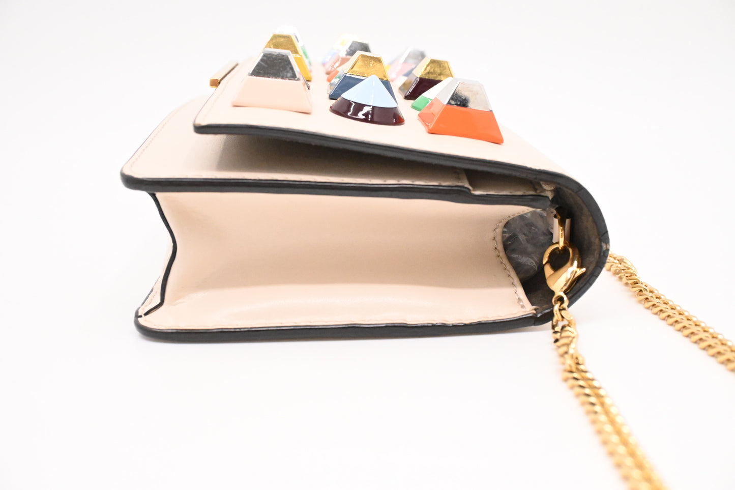 Fendi Studded Chain Wallet in Cream Leather