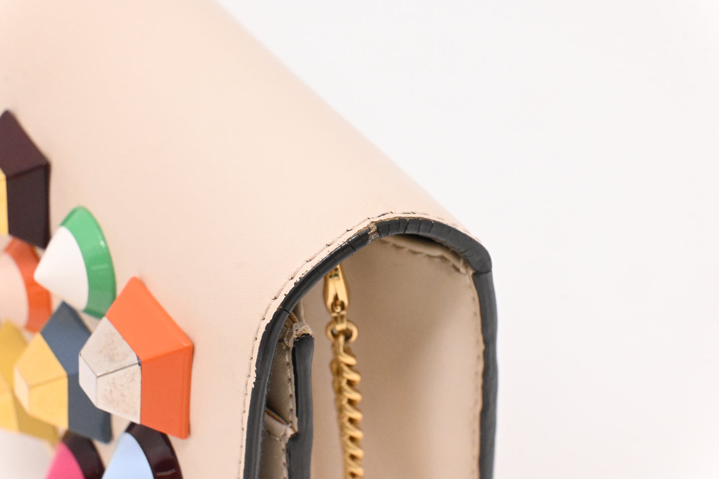 Fendi Studded Chain Wallet in Cream Leather