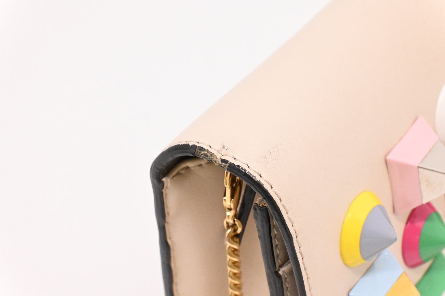 Fendi Studded Chain Wallet in Cream Leather