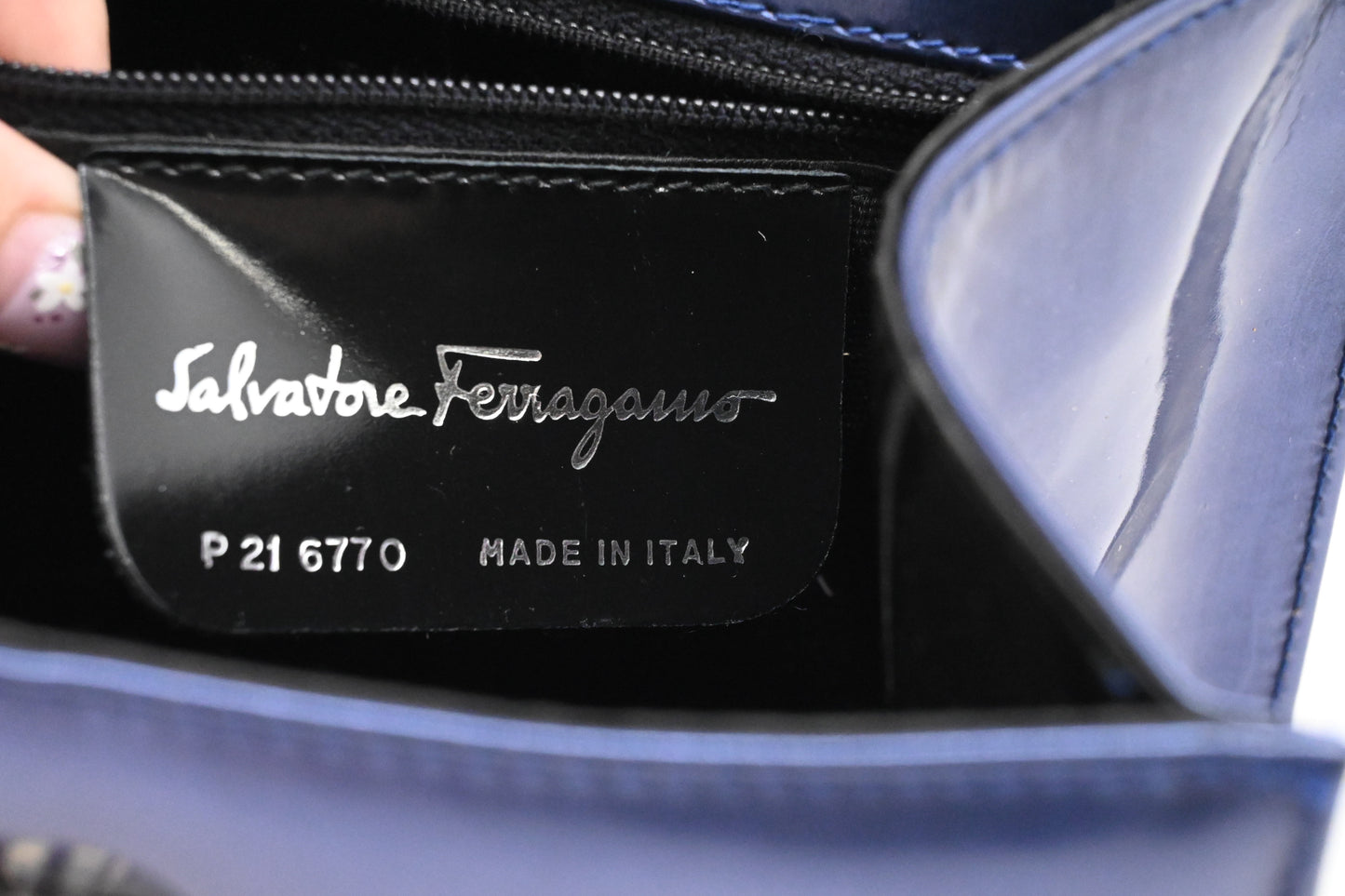 Ferragamo Top Handle Bag in Metallic Blue Patent Leather