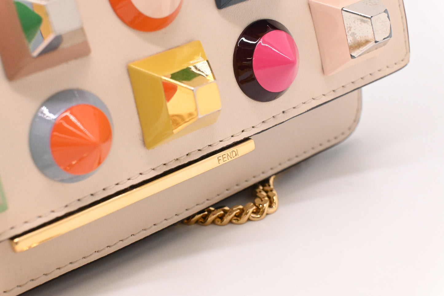 Fendi Studded Chain Wallet in Cream Leather