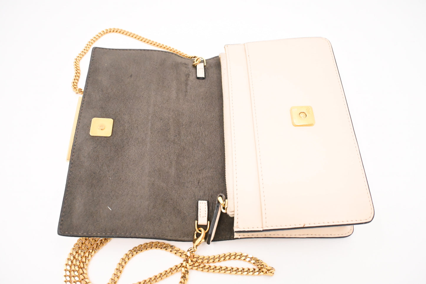 Fendi Studded Chain Wallet in Cream Leather