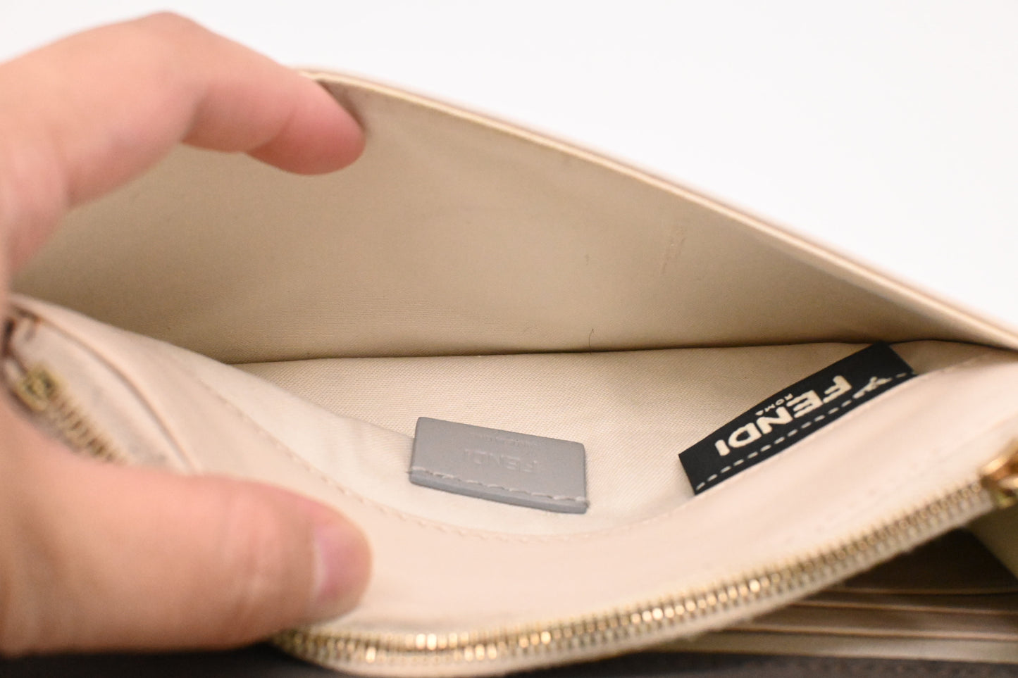 Fendi Studded Chain Wallet in Cream Leather