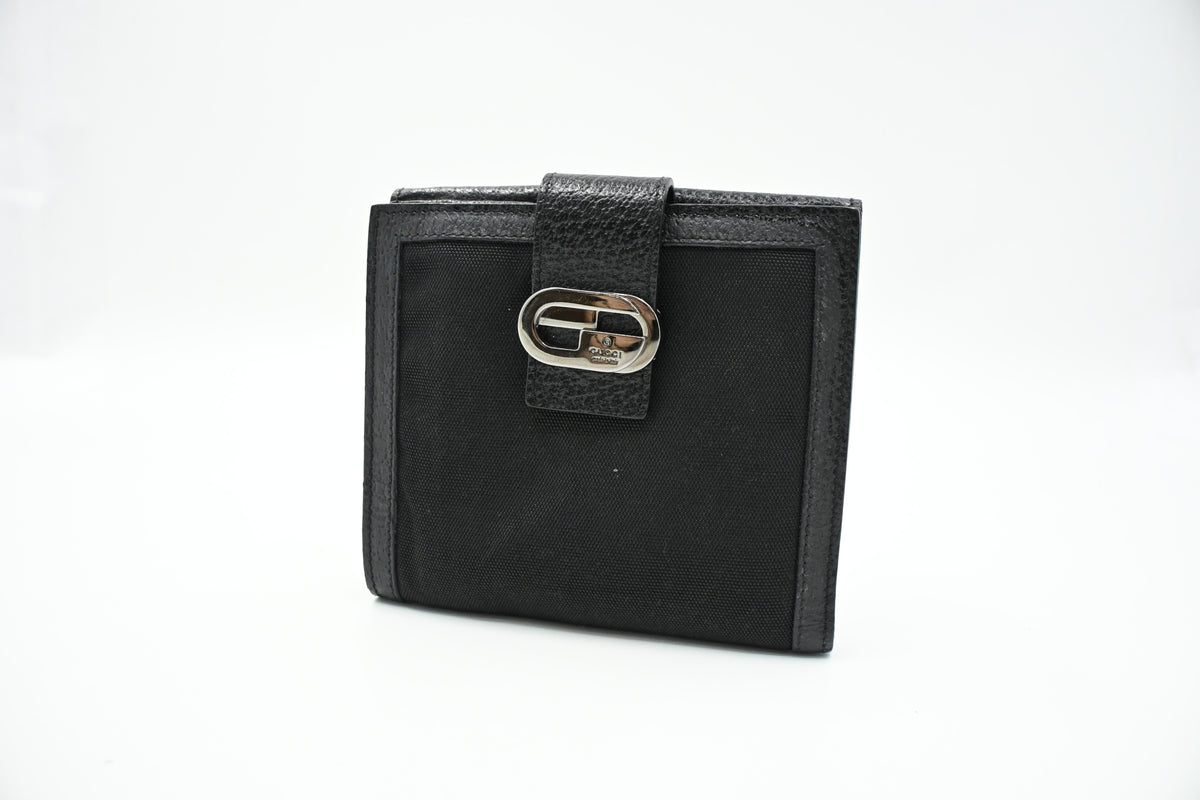 Gucci Compact Wallet in Black Leather and Canvas