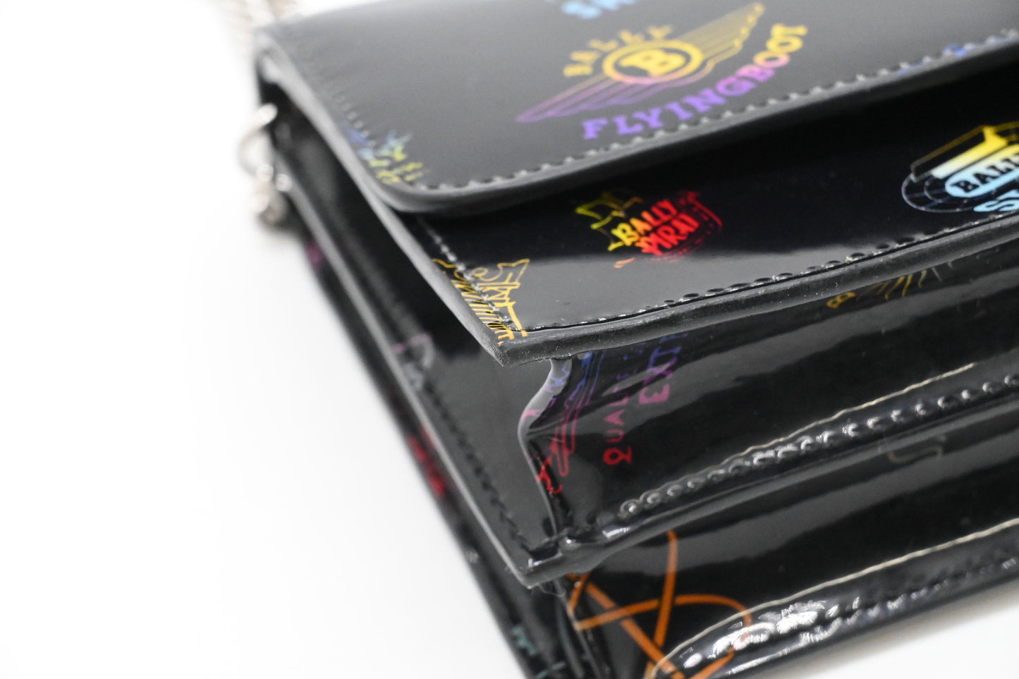 Bally Lafford Chain Wallet in Black Multicolor Patent Leather