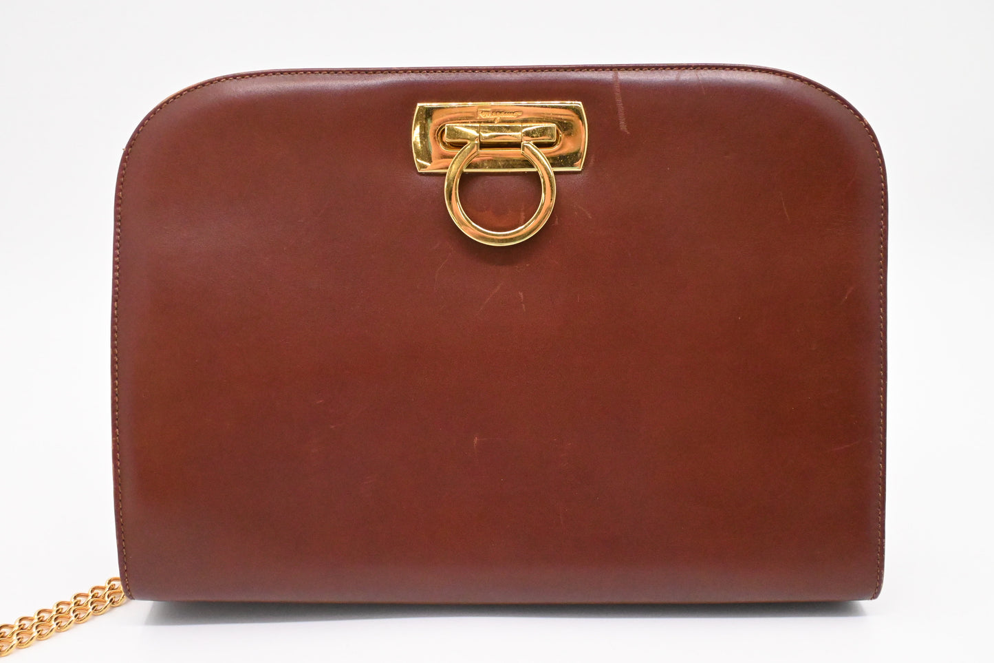 Ferragamo Chain Crossbody Bag in Brown Leather