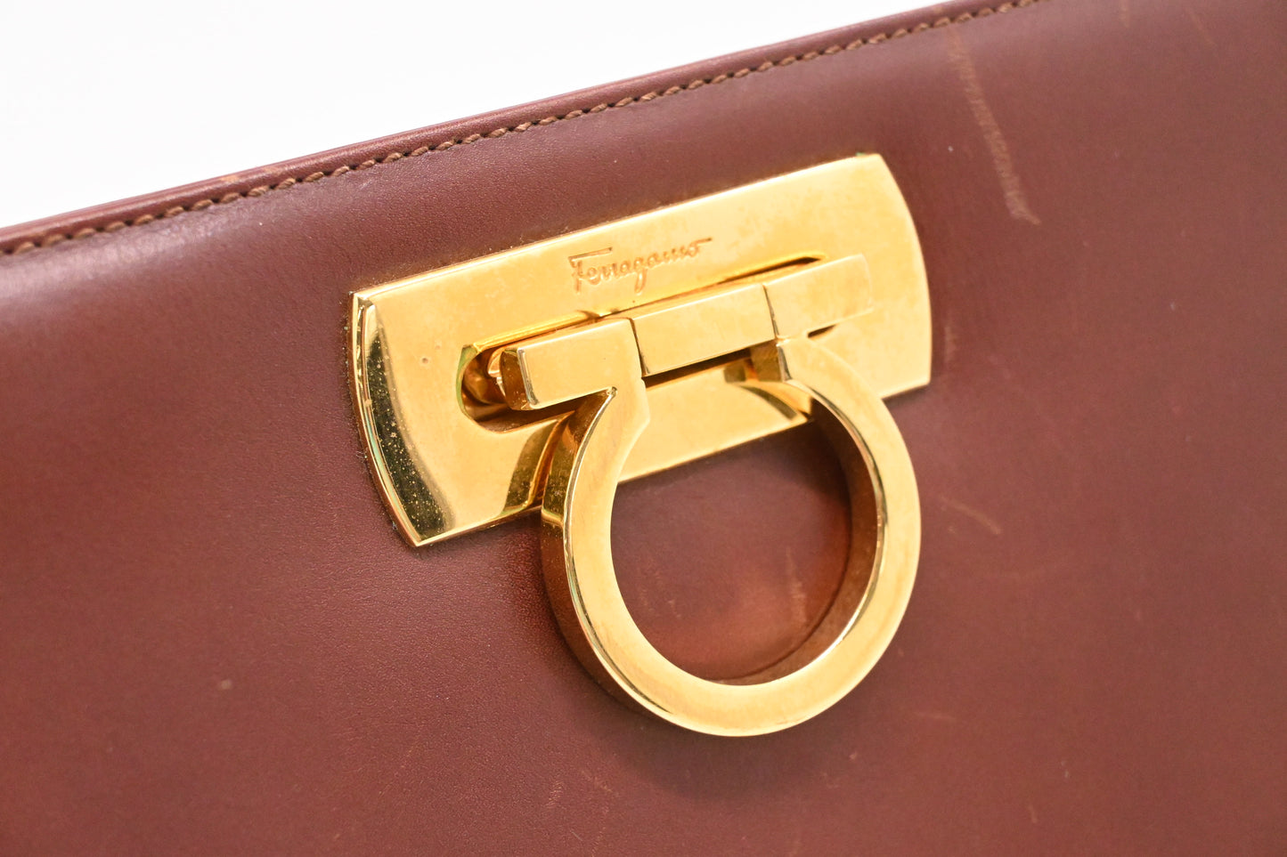Ferragamo Chain Crossbody Bag in Brown Leather