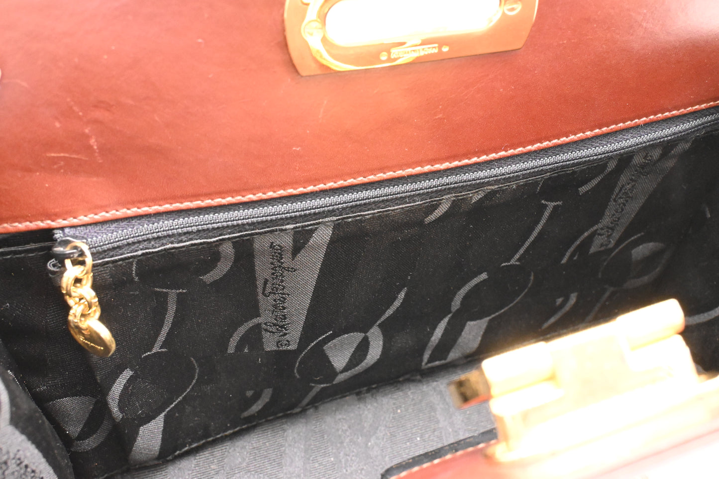 Ferragamo Chain Crossbody Bag in Brown Leather