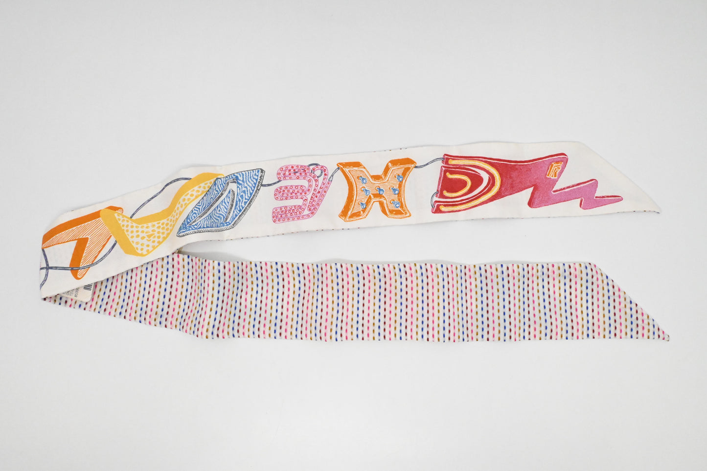 Hermes 'Chevaloscope Pointille' Twilly in White Multicolor Silk