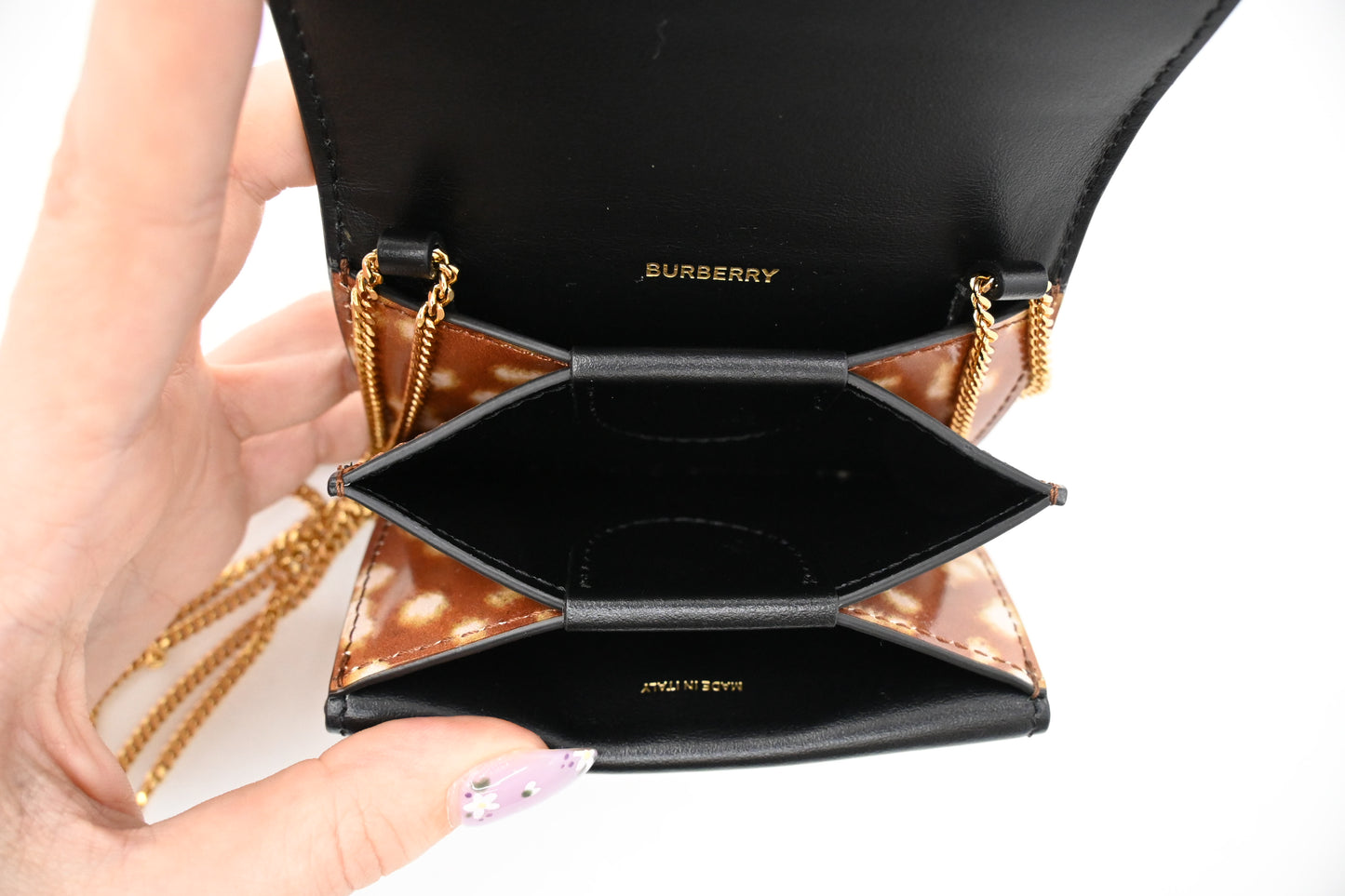 Burberry Compact Wallet on Chain in Deer Print Leather