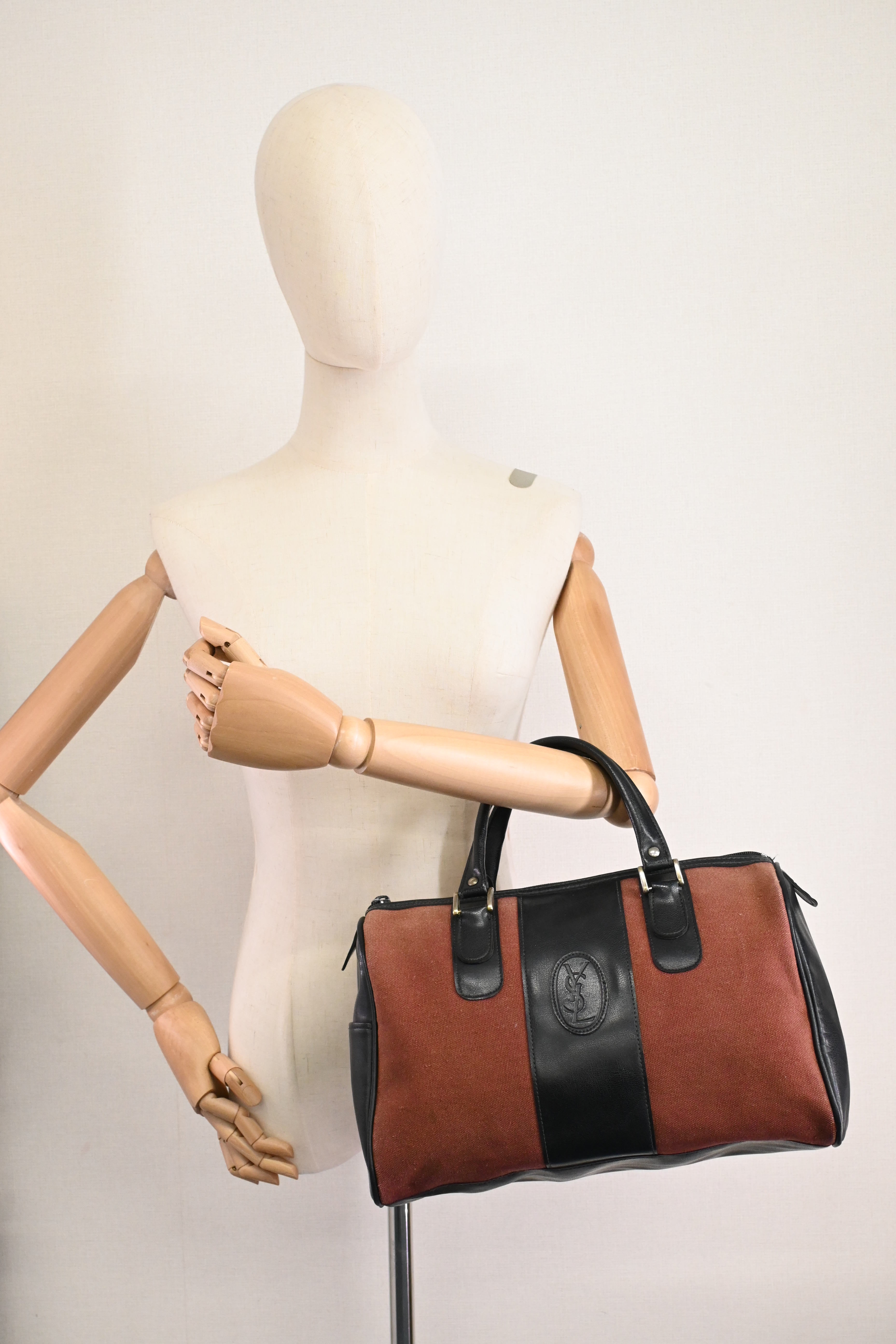 YSL Saint Laurent Boston Bag in Black Leather and Brown Canvas