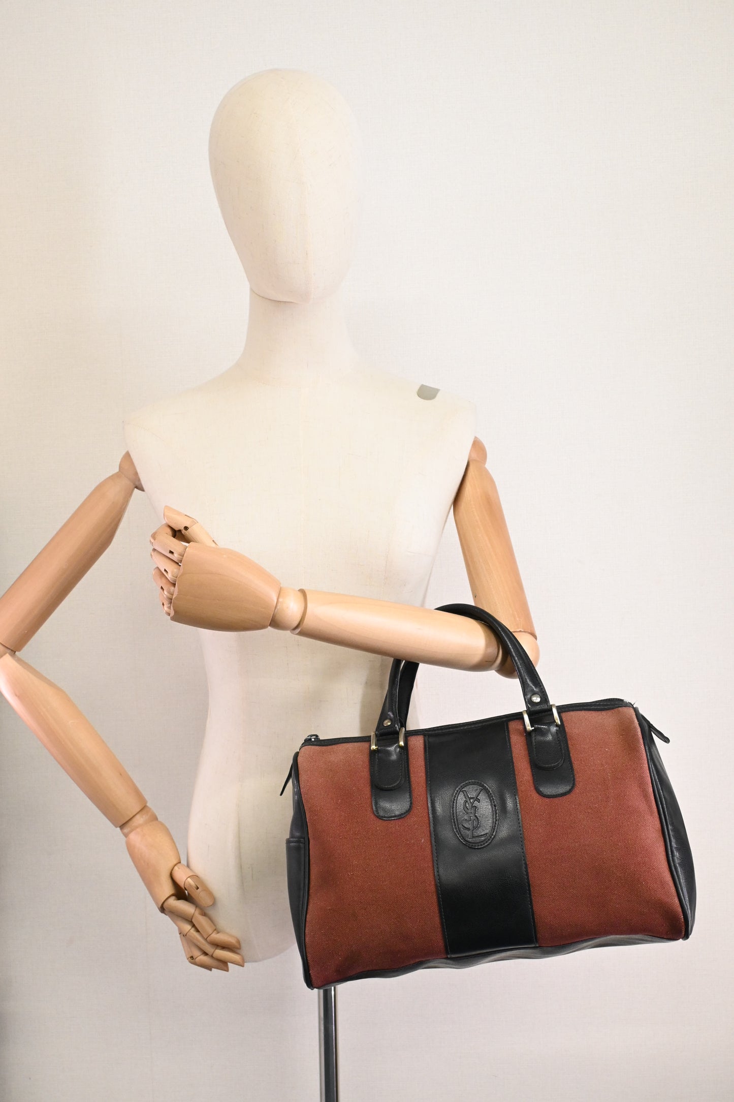 YSL Saint Laurent Boston Bag in Black Leather and Brown Canvas