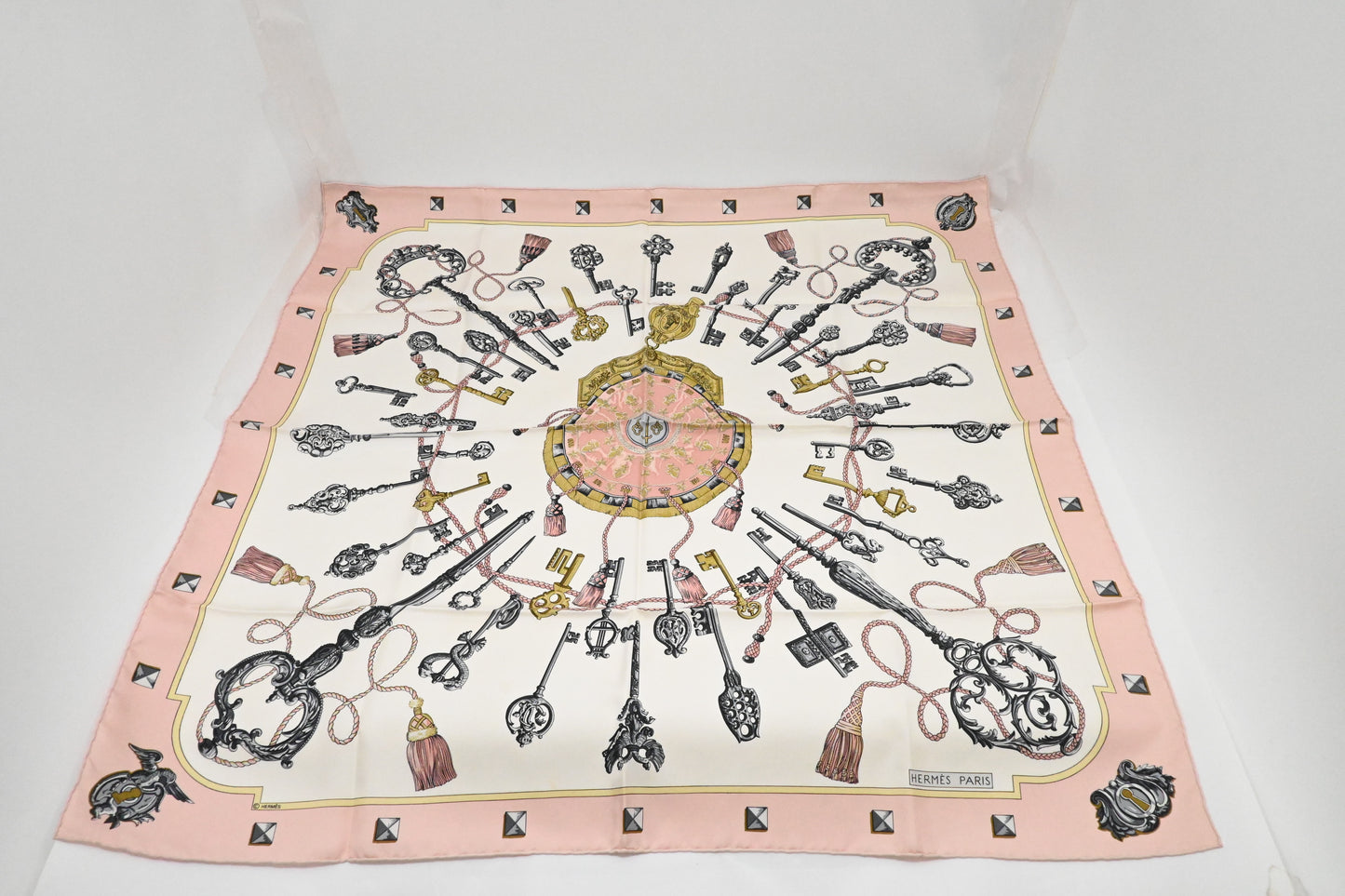 Hermes 'Les Cles' Carre 90 in Pink Silk