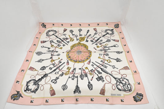 Hermes 'Les Cles' Carre 90 in Pink Silk