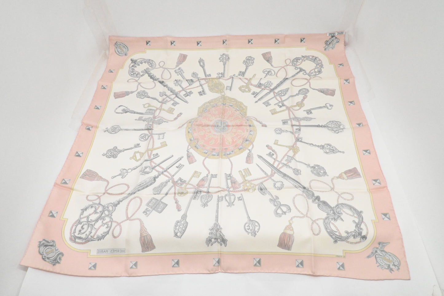 Hermes 'Les Cles' Carre 90 in Pink Silk