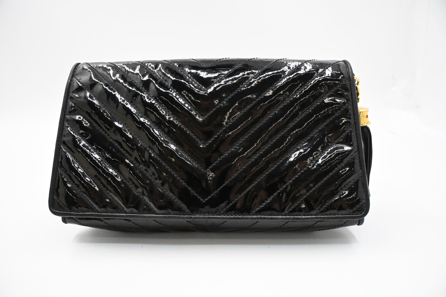 Chanel Chevron Clutch in Black Patent Leather