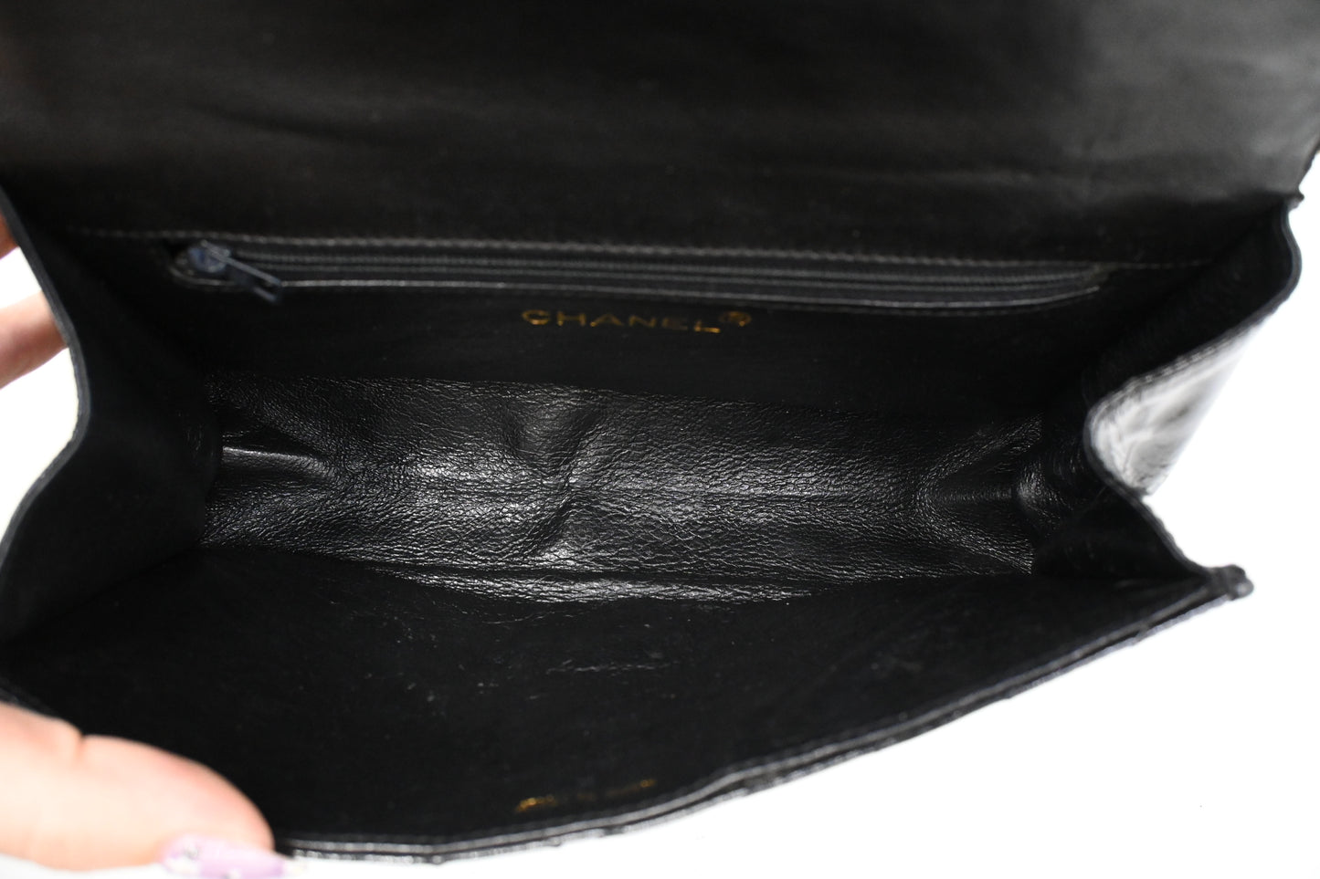 Chanel Chevron Clutch in Black Patent Leather