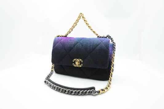 Chanel Large 19 in Black, Blue, and Purple Ombre Wool Tweed