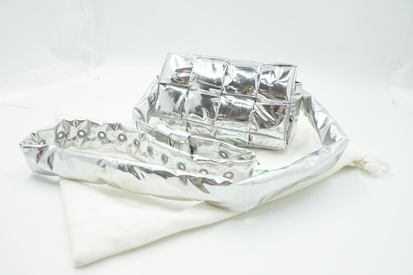 Bottega Veneta Cassette Body Bag in Silver Miror Canvas