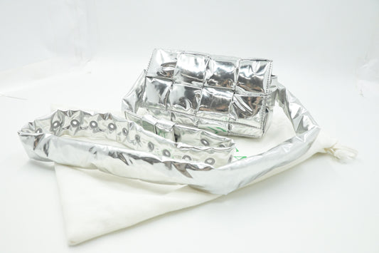 Bottega Veneta Cassette Body Bag in Silver Miror Canvas
