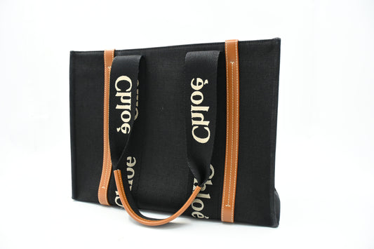 Chloe Woody Medium Tote in Black Canvas