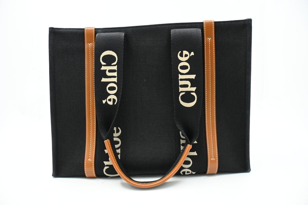 Chloe Woody Medium Tote in Black Canvas