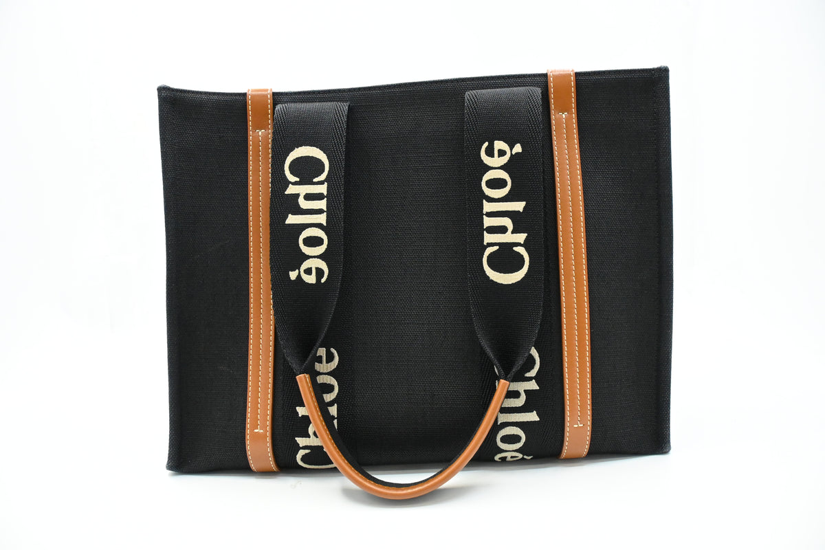 Chloe Woody Medium Tote in Black Canvas