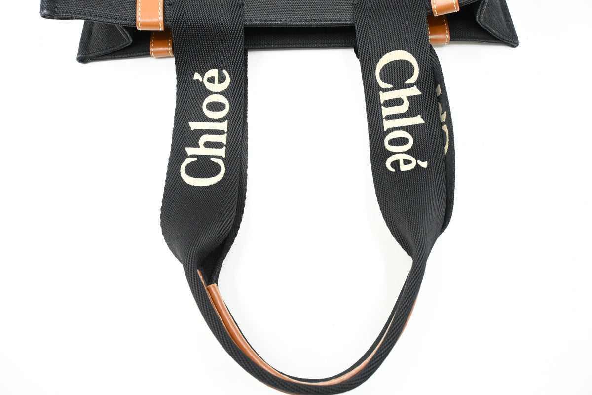 Chloe Woody Medium Tote in Black Canvas