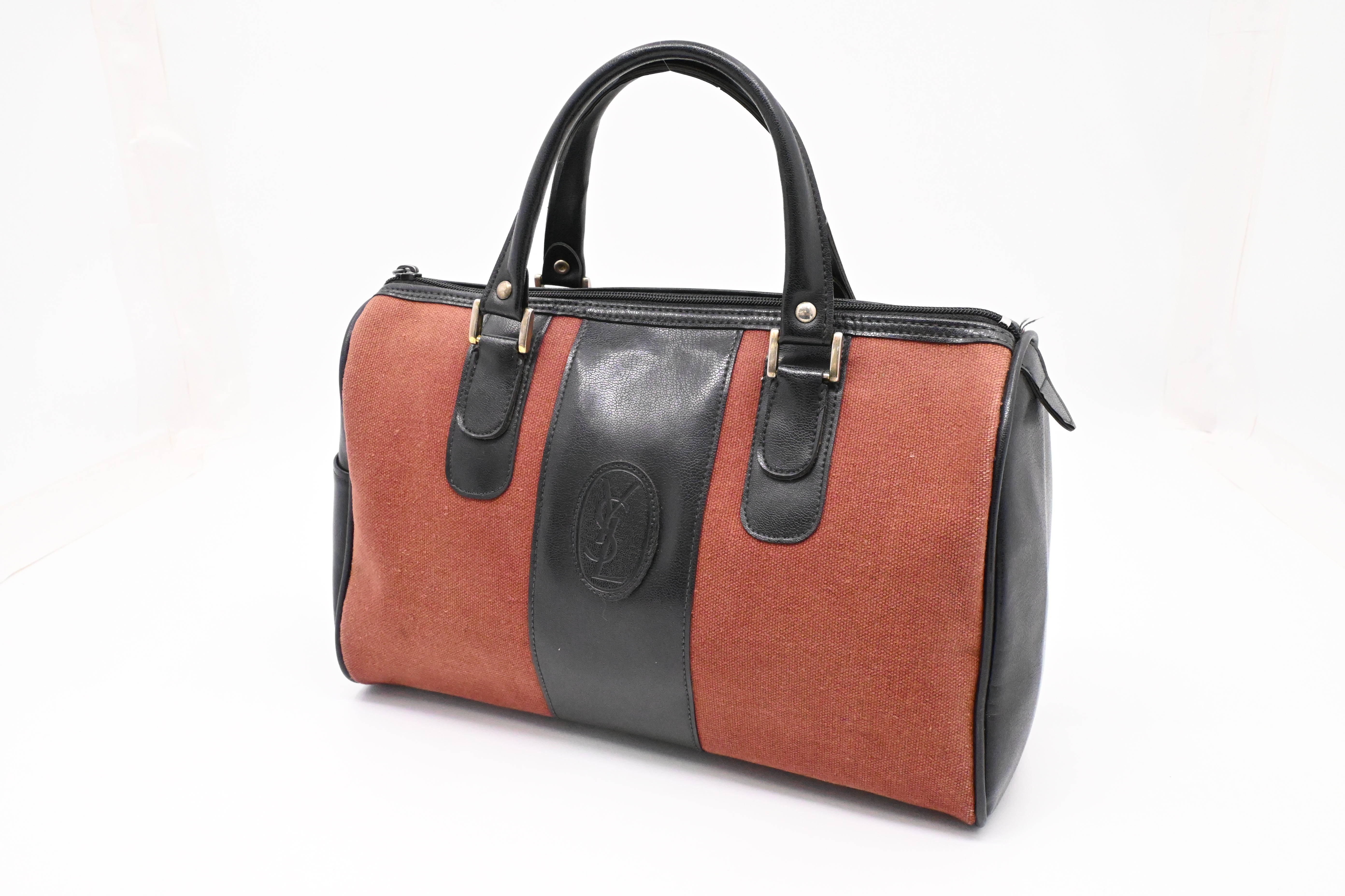 バッグ Yves Saint Laurent / Leather Boston Bag YSL Saint Laurent Boston Bag in Black Leather and Brown Canvas