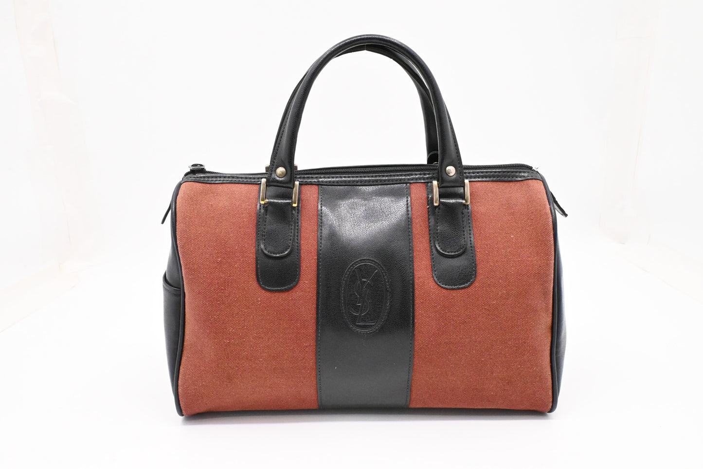 YSL Saint Laurent Boston Bag in Black Leather and Brown Canvas