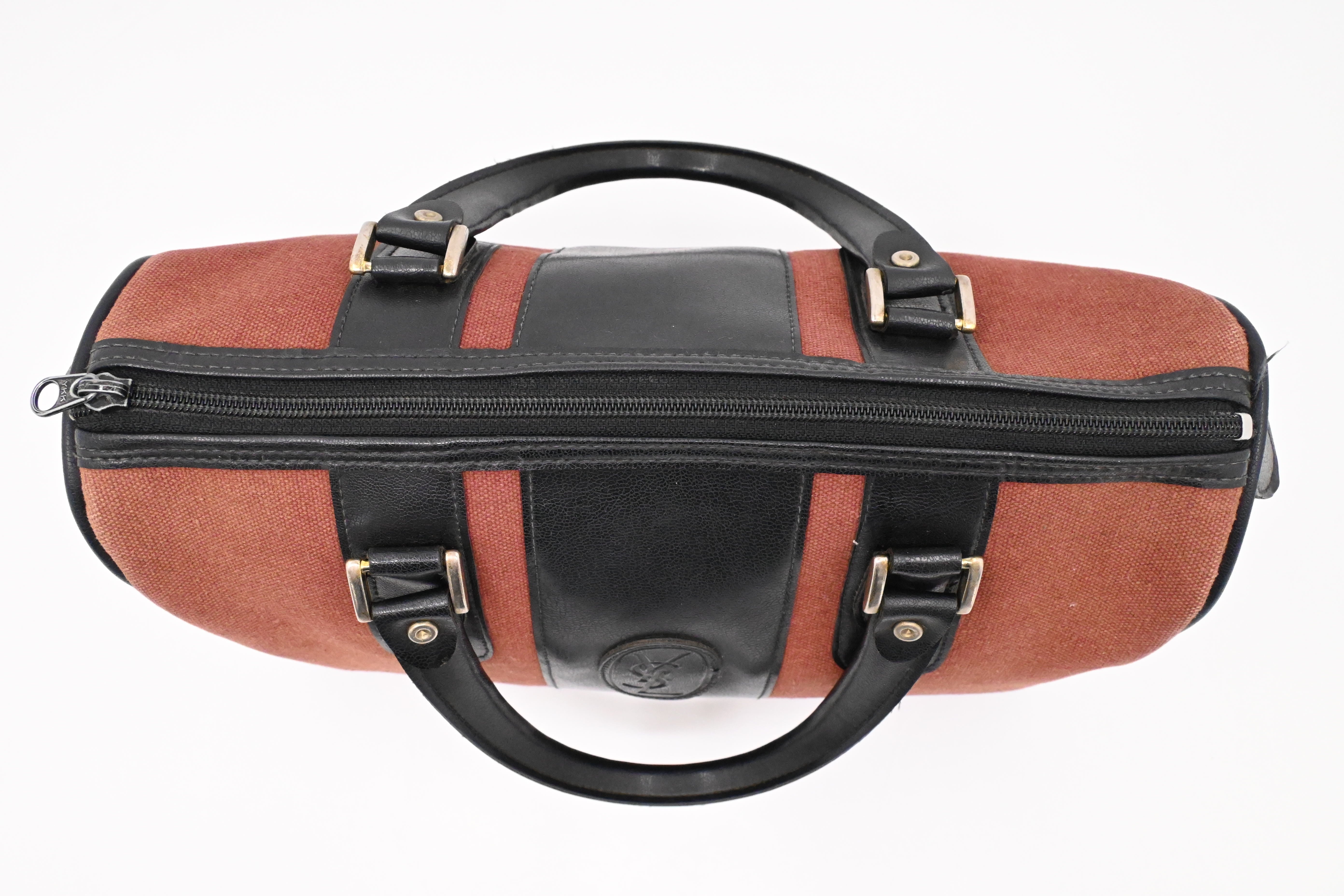 YSL Saint Laurent Boston Bag in Black Leather and Brown Canvas