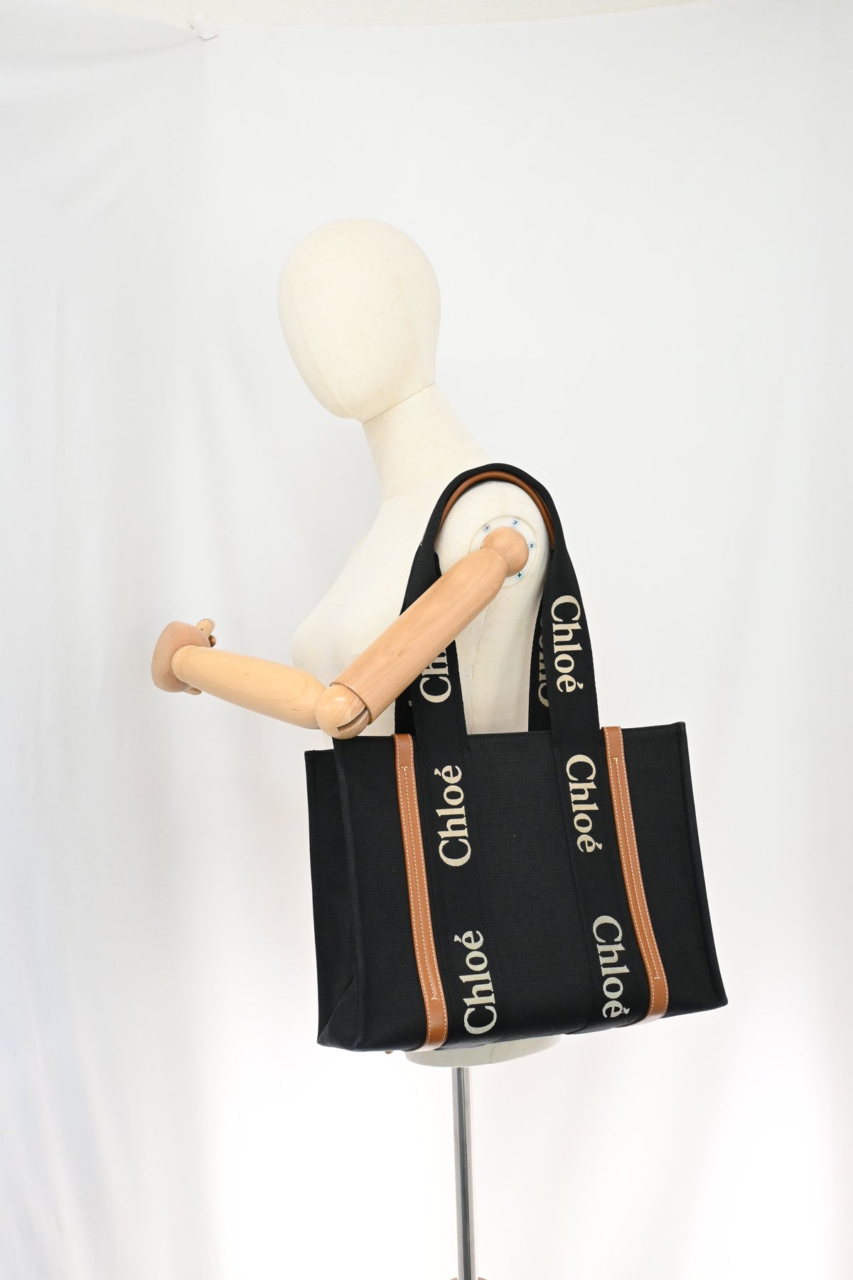 Chloe Woody Medium Tote in Black Canvas