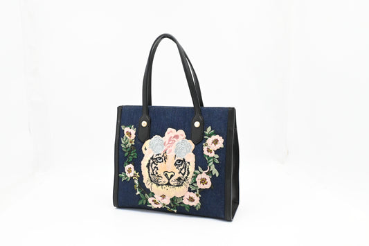 Gucci Tiger Embroidered Tote in Denim Canvas