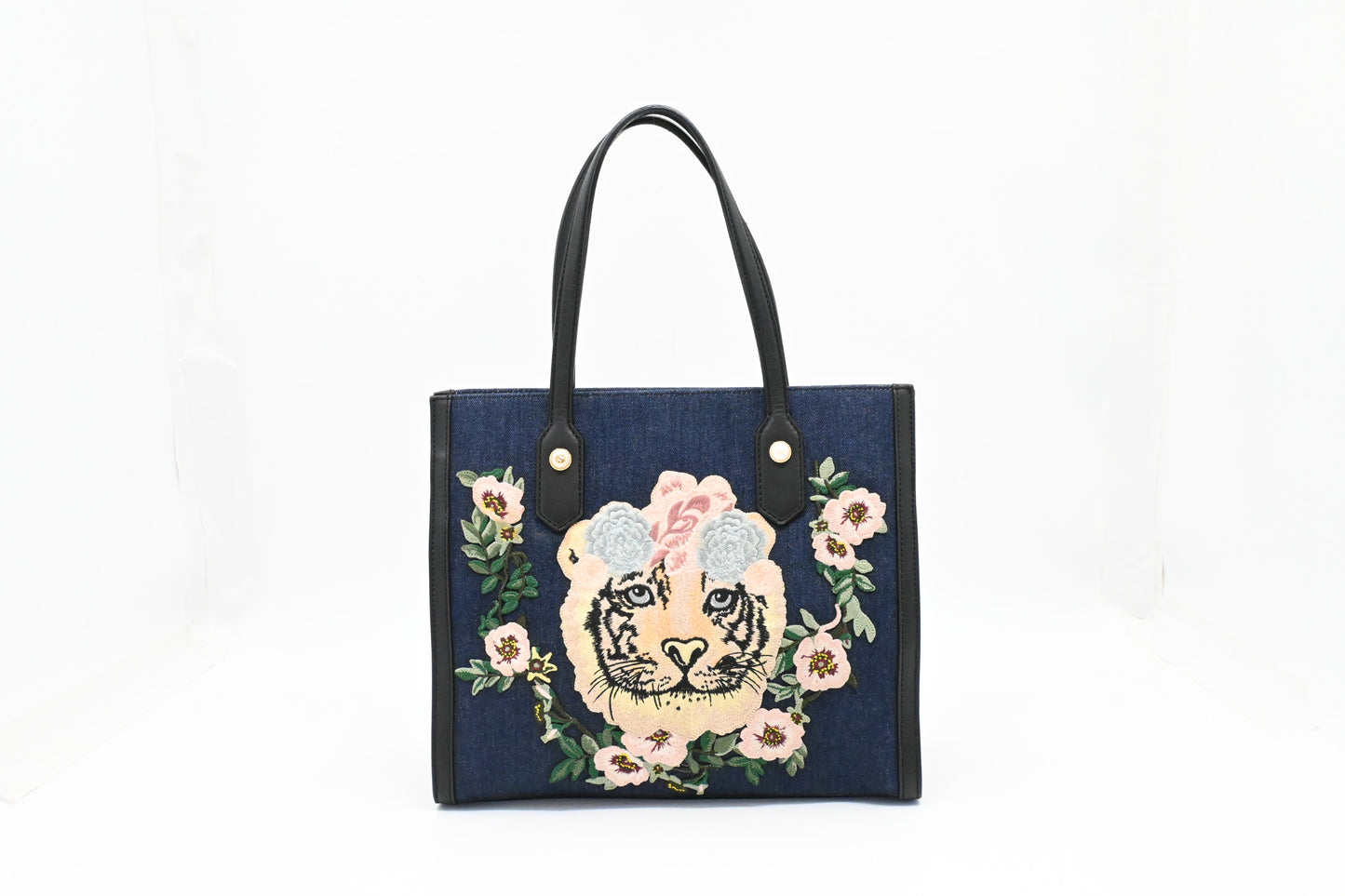 Gucci Tiger Embroidered Tote in Denim Canvas