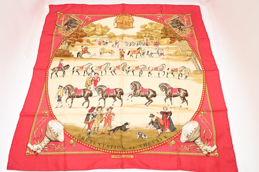 Hermes 'Presentation de Chevaux' Carre 90 in Red Silk