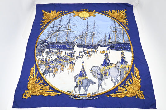 Hermes 'Marine et Cavalerie' Carre 90 in Blue Silk