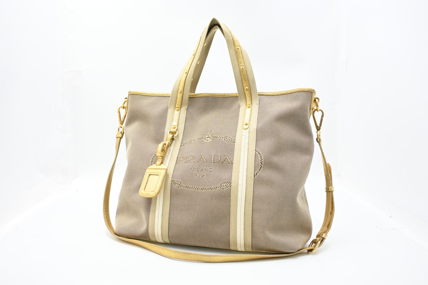 Prada Logo Jacquard Tote in Beige Canvas and Gold Leather