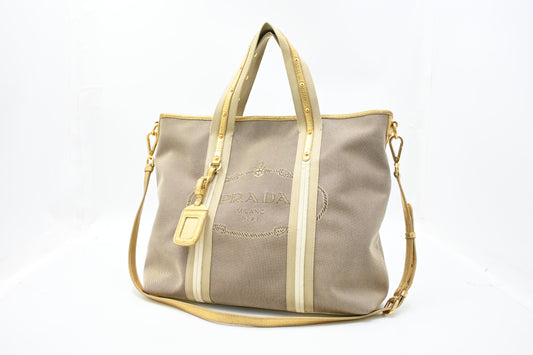 Prada Logo Jacquard Tote in Beige Canvas and Gold Leather