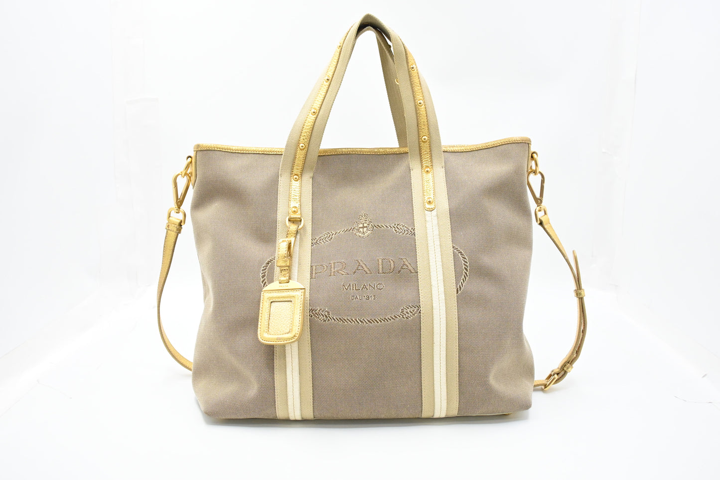 Prada Logo Jacquard Tote in Beige Canvas and Gold Leather
