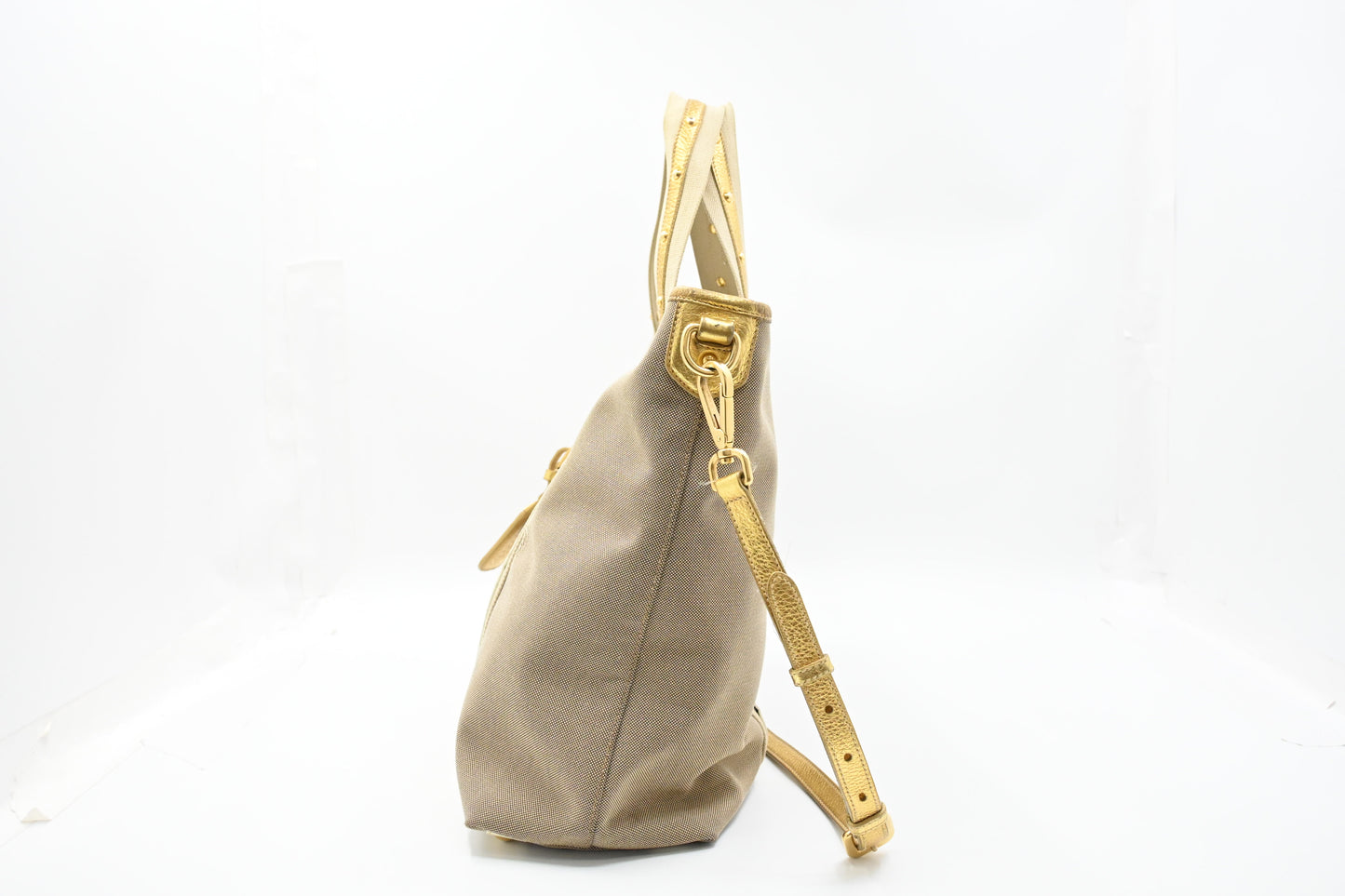 Prada Logo Jacquard Tote in Beige Canvas and Gold Leather