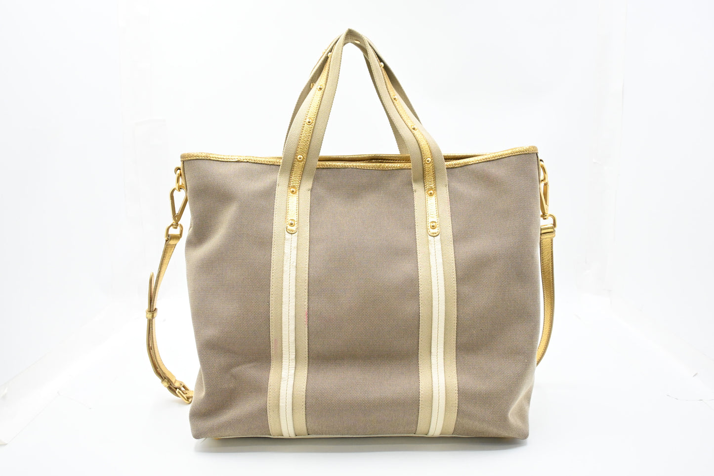 Prada Logo Jacquard Tote in Beige Canvas and Gold Leather