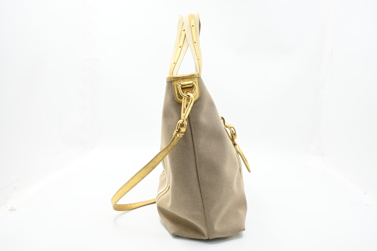 Prada Logo Jacquard Tote in Beige Canvas and Gold Leather